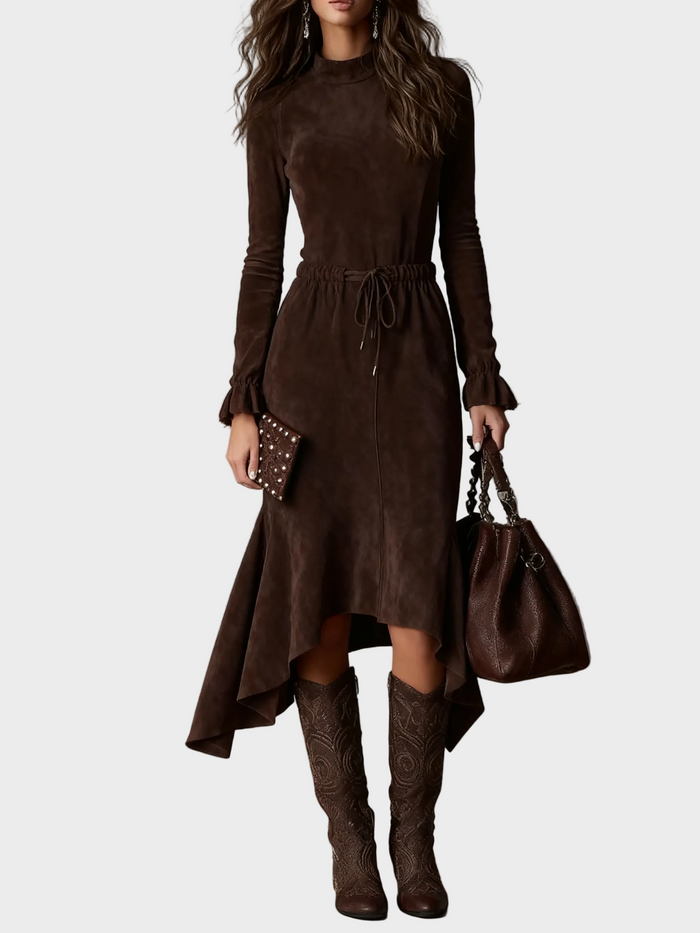 Elegante vestido midi de ante marrón oscuro con corbata