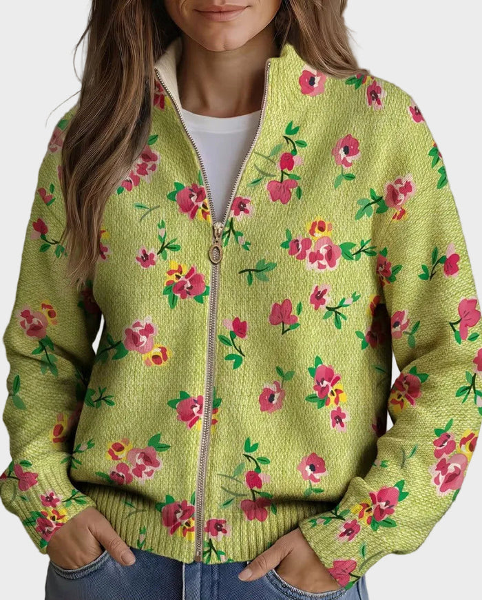 Constance - Cárdigan floral rosa con cremallera