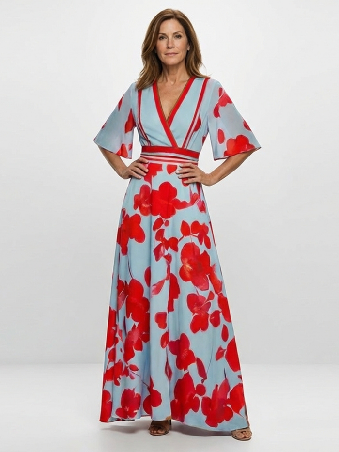 Florença | Vestido largo floral con escote en pico