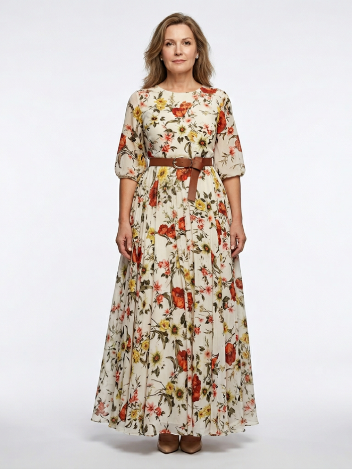 Isabelle | Vestido Maxi con Cinturón, Escote Redondo y Mangas Tres Cuartos