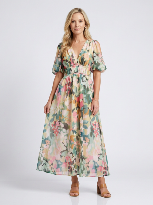 Audrey | Vestido midi de manga corta con cintura ajustada