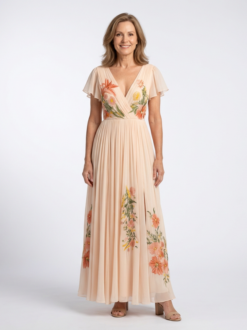 Hélène | Vestido Maxi Floral con Pliegues y Escote en V