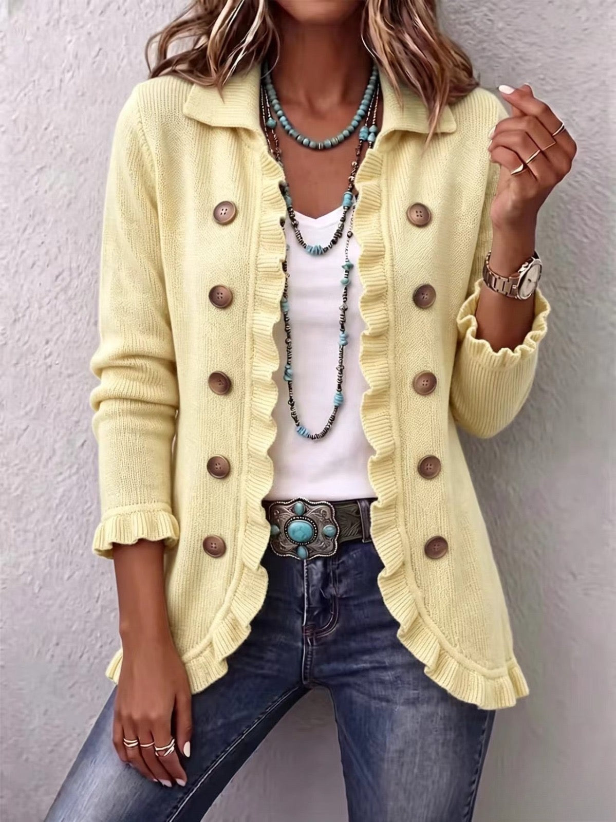 Lillian | Chaqueta con volantes de punto acanalado color crema de mantequilla