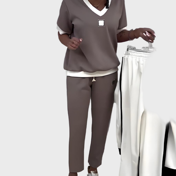 Kristýna - Conjunto casual de top y pantalones con cuello en V para mujer