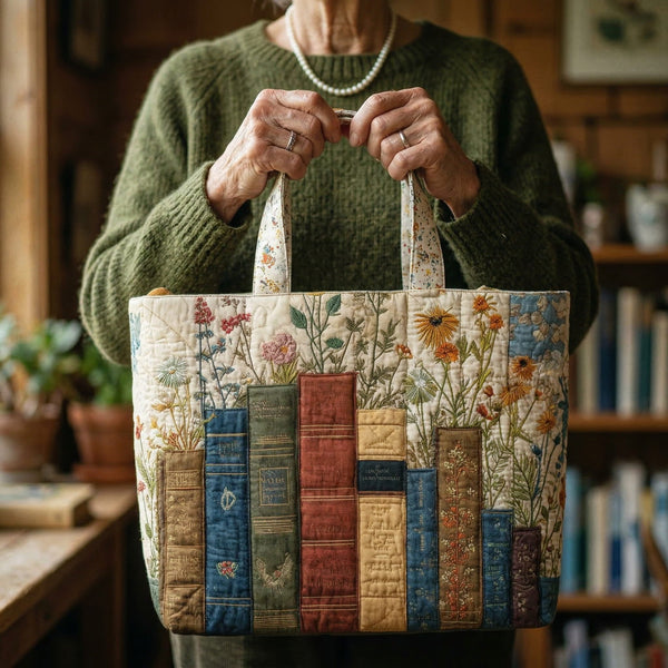 Bolso tote de tela acolchada - Colección Flores y Libros
