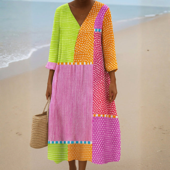 Fátima - Vestido Colorido de Patchwork con Bolitas y Rayas