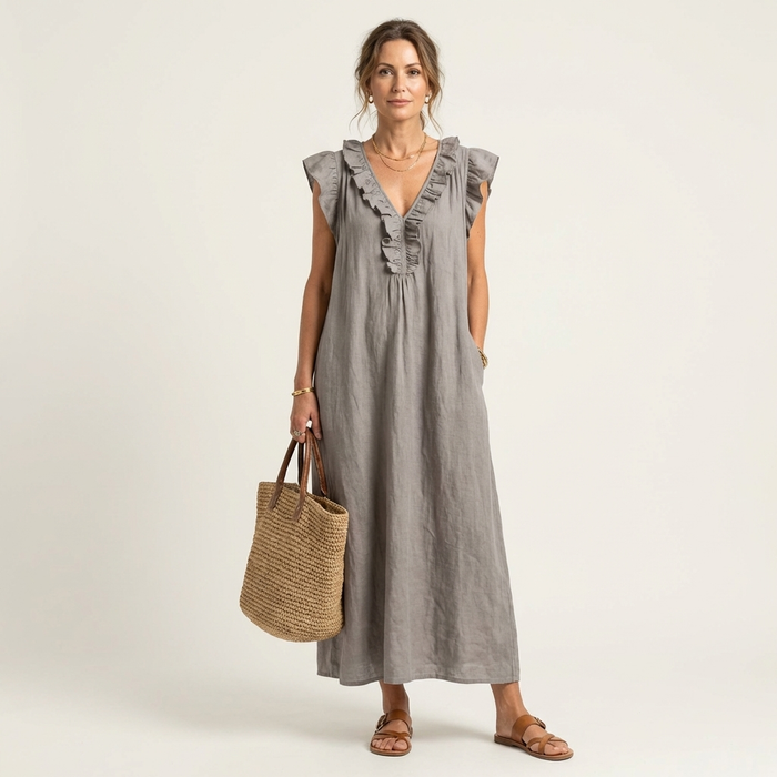 Josette | Maxi Vestido de Lino con Detalles de Encaje en V