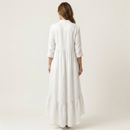 Adriana | Vestido Maxi con Cuello Mao, Botones y Bajo de Volantes
