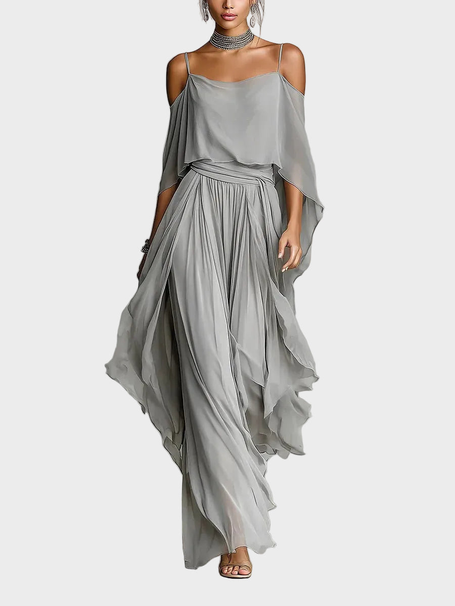 Isabela - Conjunto gris con top de tirantes y pantalón claro