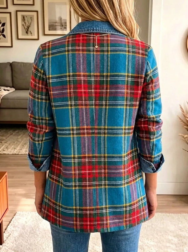 Madison - Blazer vaquero con patchwork de tartán