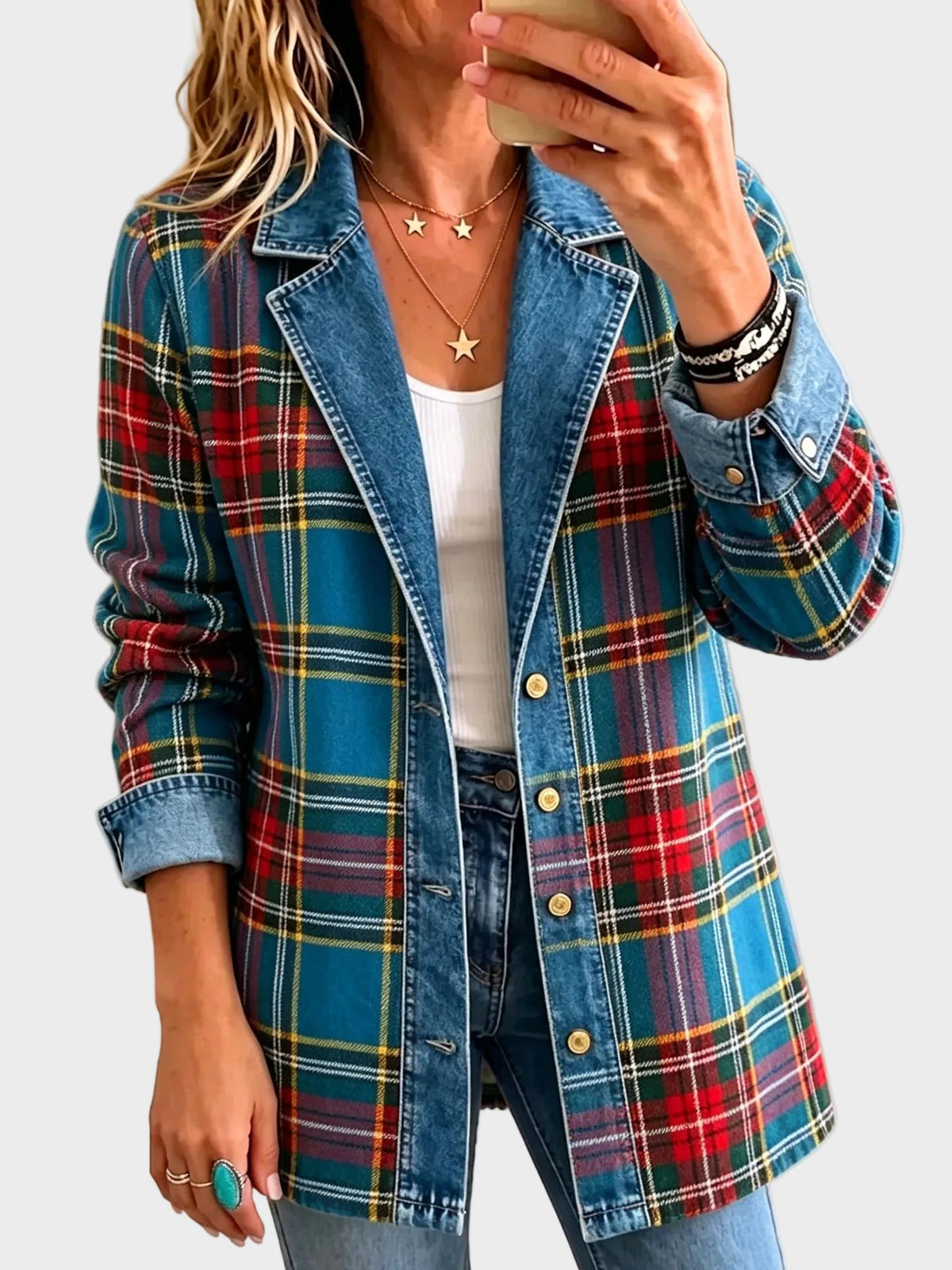 Madison - Blazer vaquero con patchwork de tartán