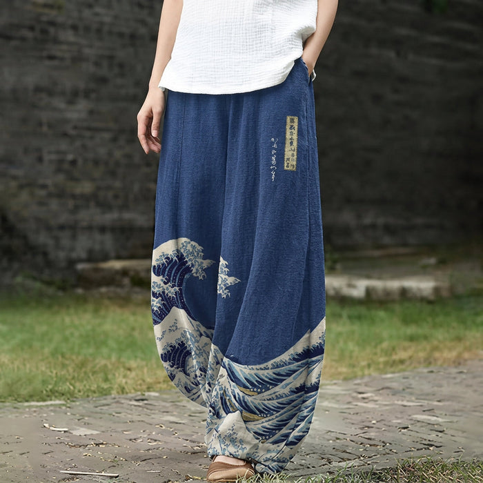 Ariane – Pantalón ancho azul marino con estampado de ondas