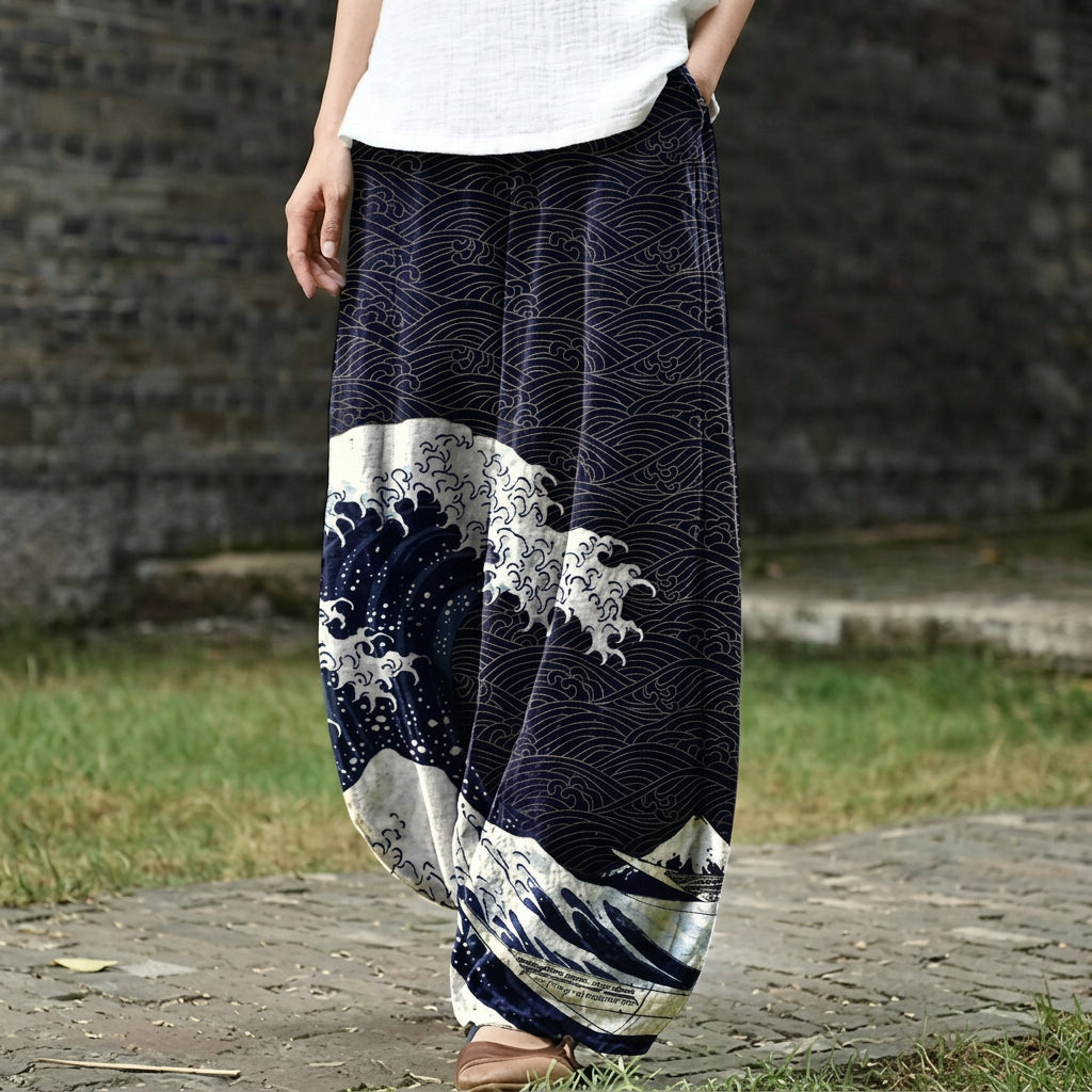 Aurélie – Pantalón ancho azul marino con ondas estilizadas