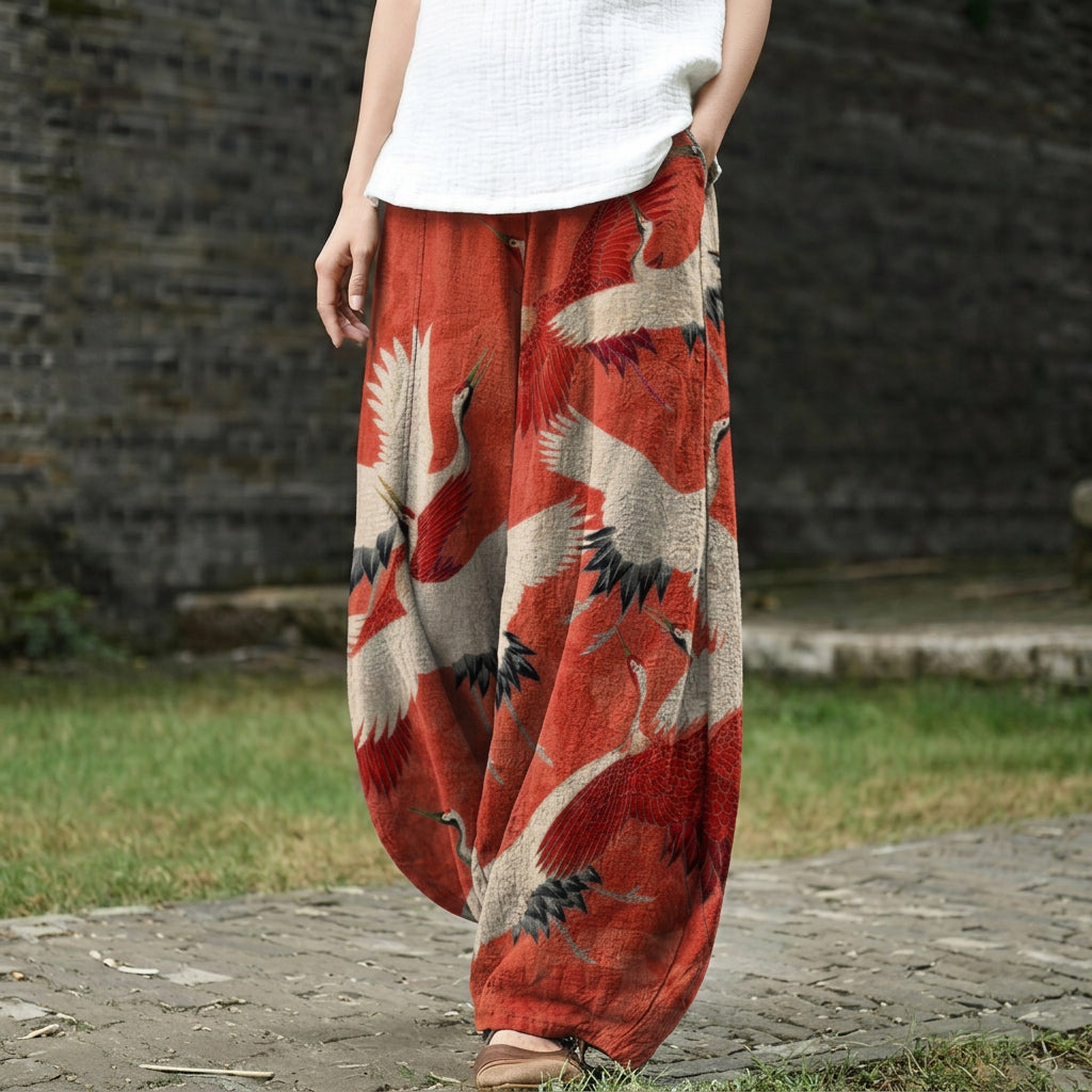 Henriette – Pantalón ancho con motivo de pájaro rojo