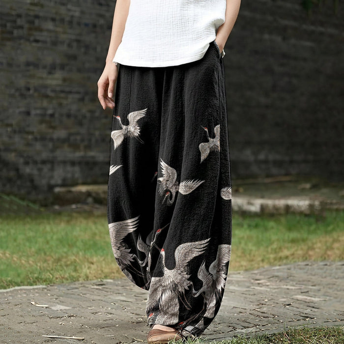Françoise – Pantalón ancho negro con estampado de grullas
