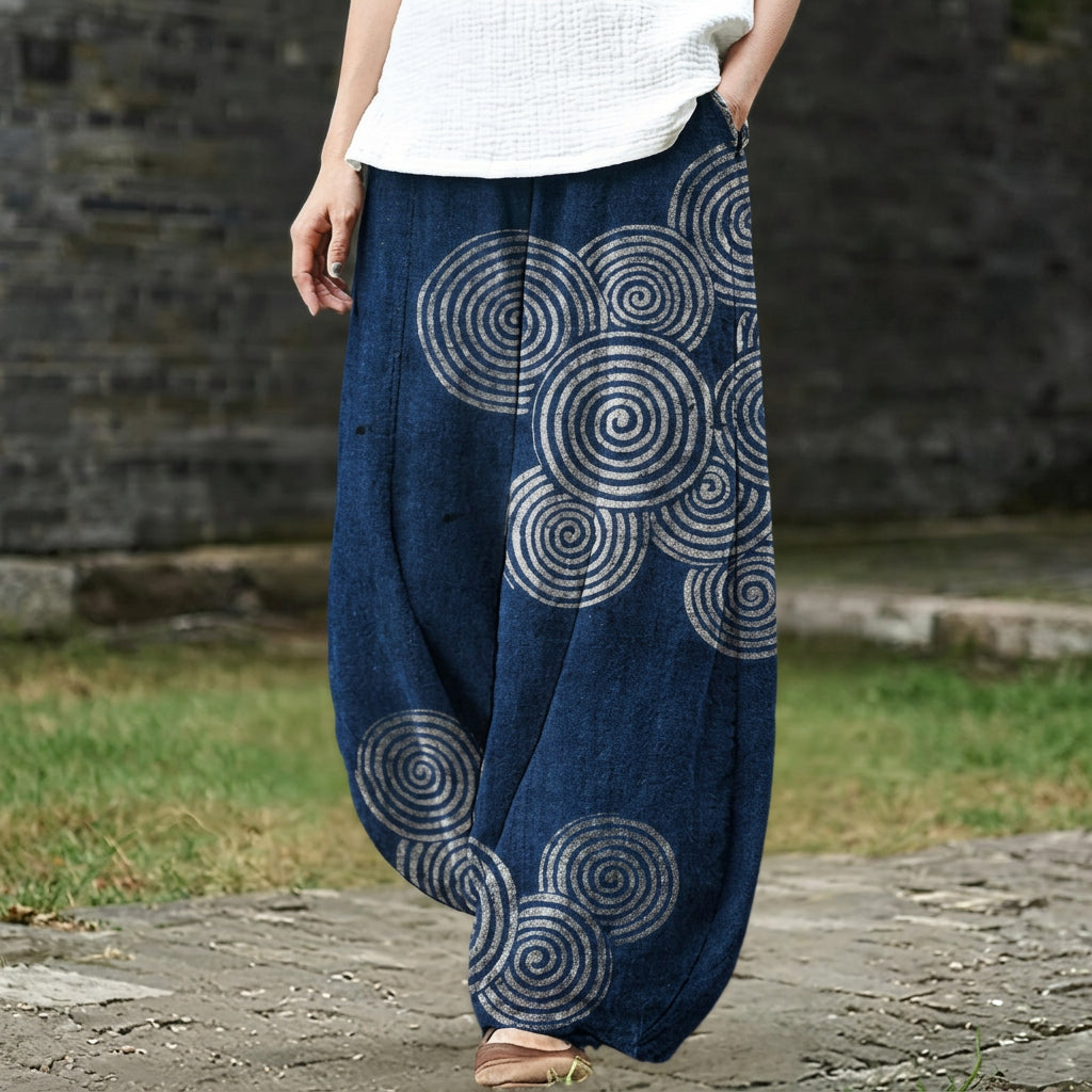 Alice – Pantalón ancho con estampado de lunares azul oscuro