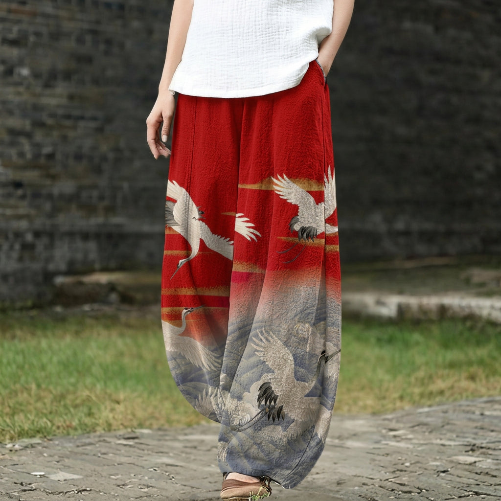 Édith – Pantalón ancho con motivo de pájaro rojo
