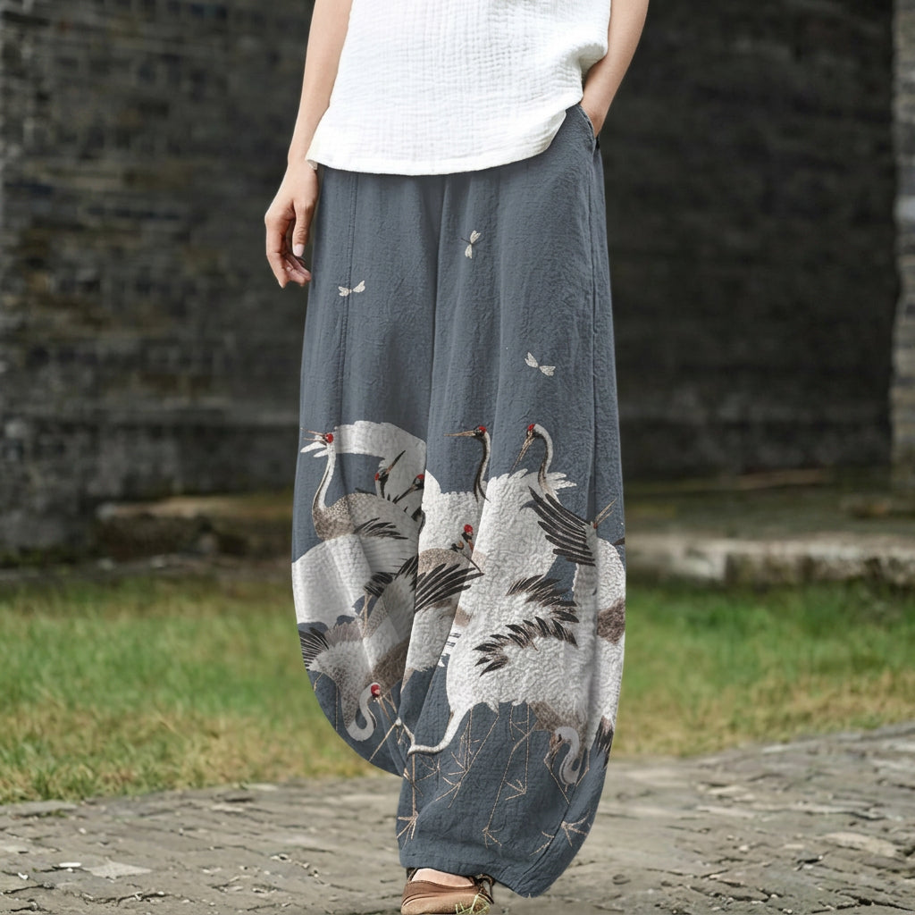Michèle – Pantalón ancho gris con motivo de pájaros