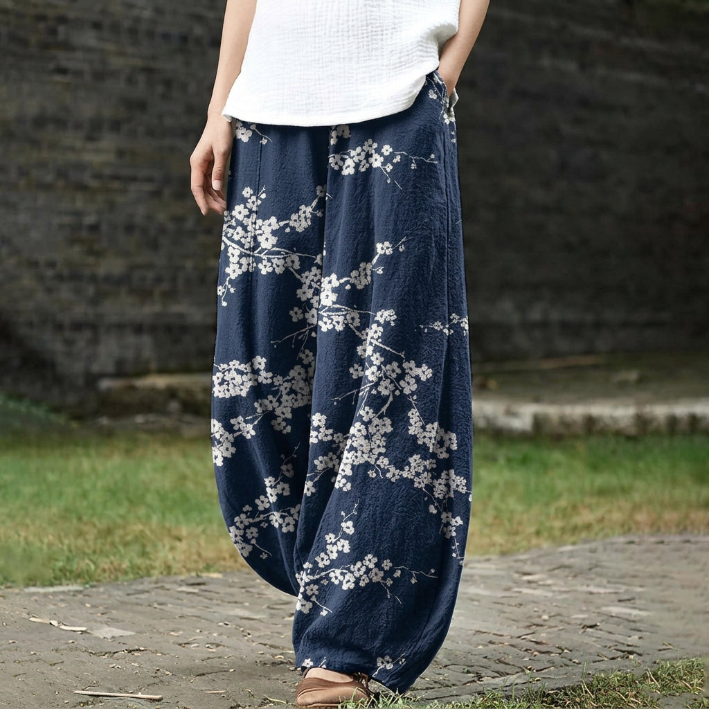Inès – Pantalón ancho azul marino estampado