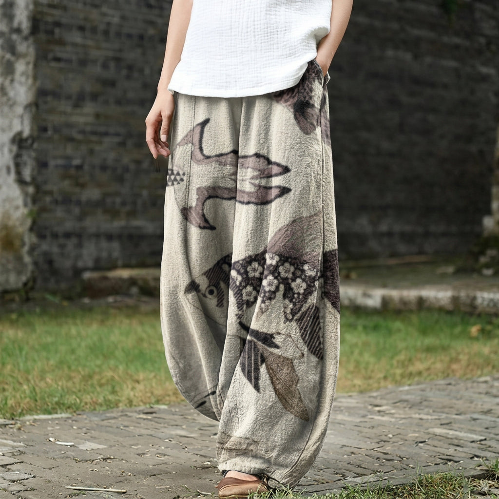 Hélène – Pantalón ancho beige con estampado de peces