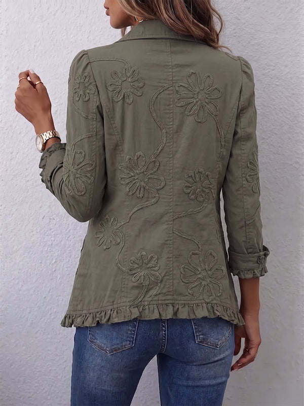 Kamberly | Chaqueta utilitaria con ribete de volantes y bordado floral boho-chic