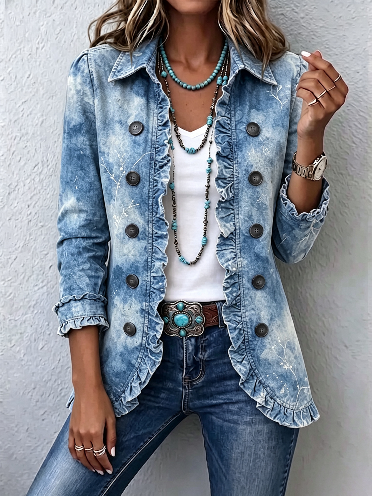 Jemison | Chaqueta con detalle de volantes y estampado botánico vintage degradado estilo bohemio