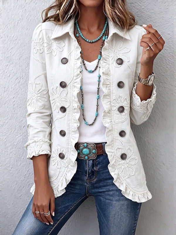 Marisol | Chaqueta utilitaria con ribete de volantes y bordado floral marfil