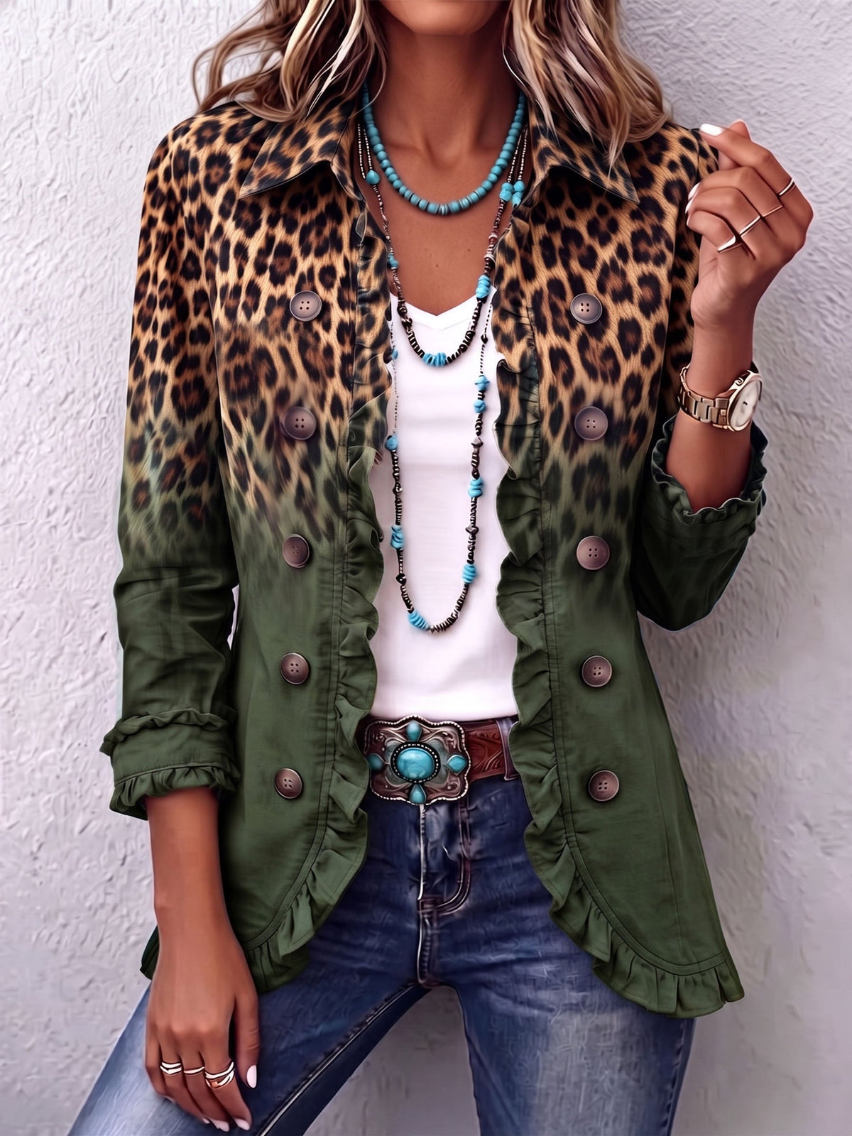 Rowena | Chaqueta tipo blazer con volantes y estampado de leopardo