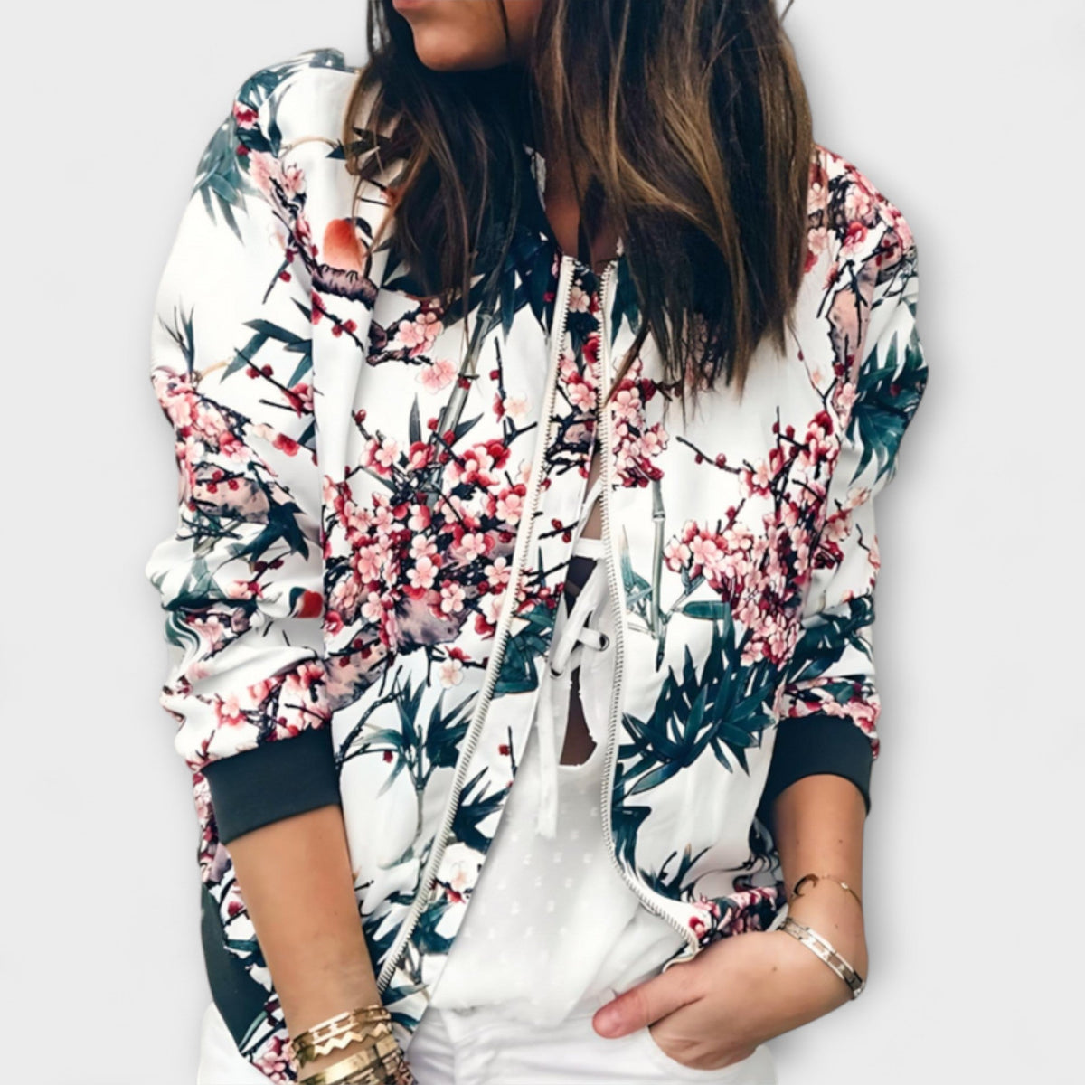Andreia - Elegante cazadora bomber con estampado floral