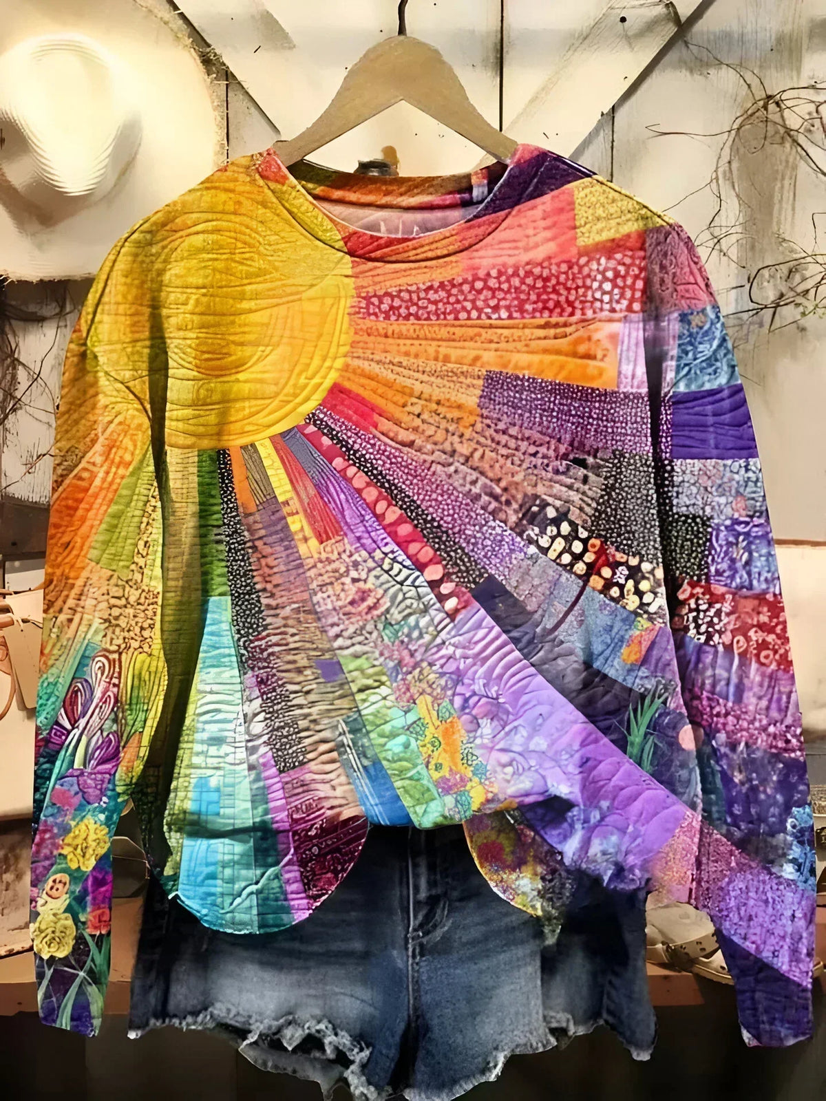 DELACROIX | Jersey Brigitte con Estampado de Sol en Patchwork
