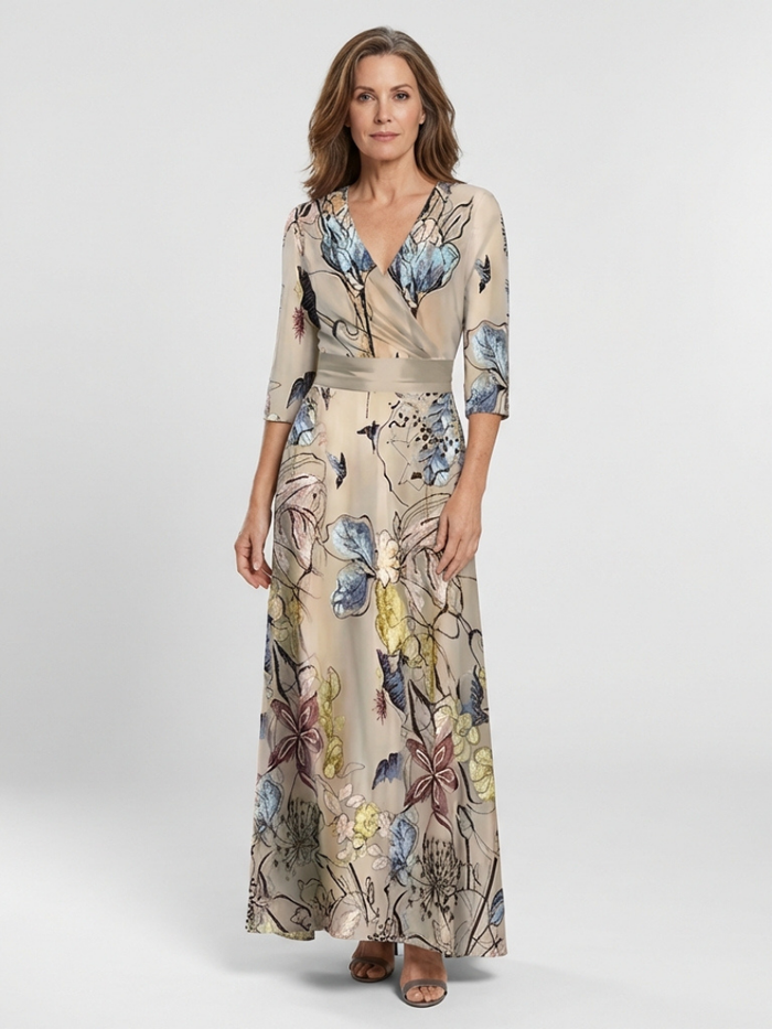 Caroline | Vestido maxi de flores con mangas tres cuartos y diseño envolvente