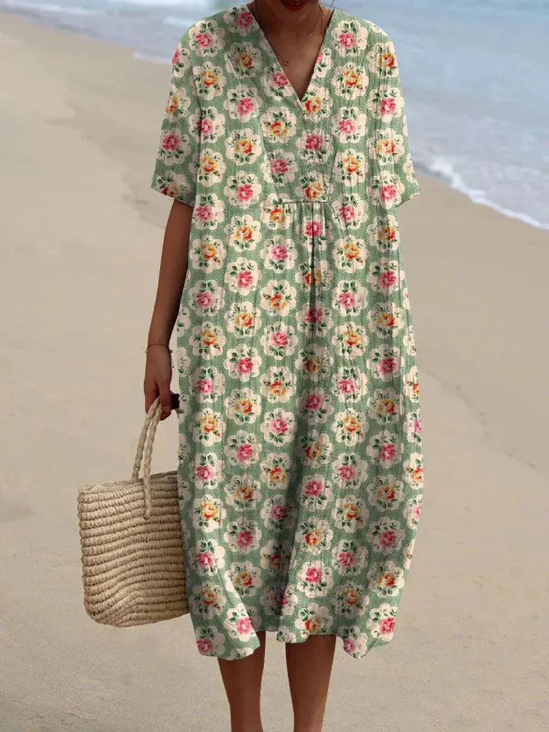 Eulállia - Vestido Retro Floral en Verde Aqua